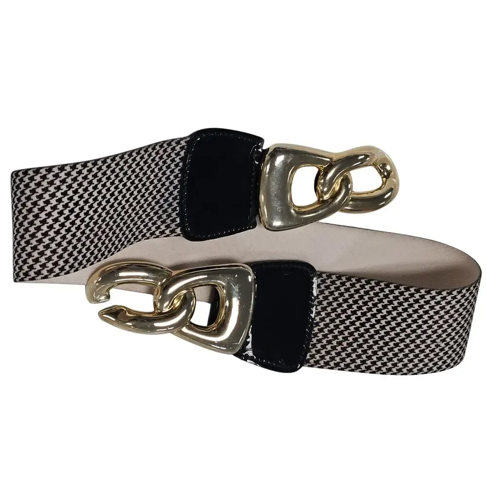 1980s Houndstooth Elastic High Waisted Belt Gold Chunky Buckle Patent Leather Sm